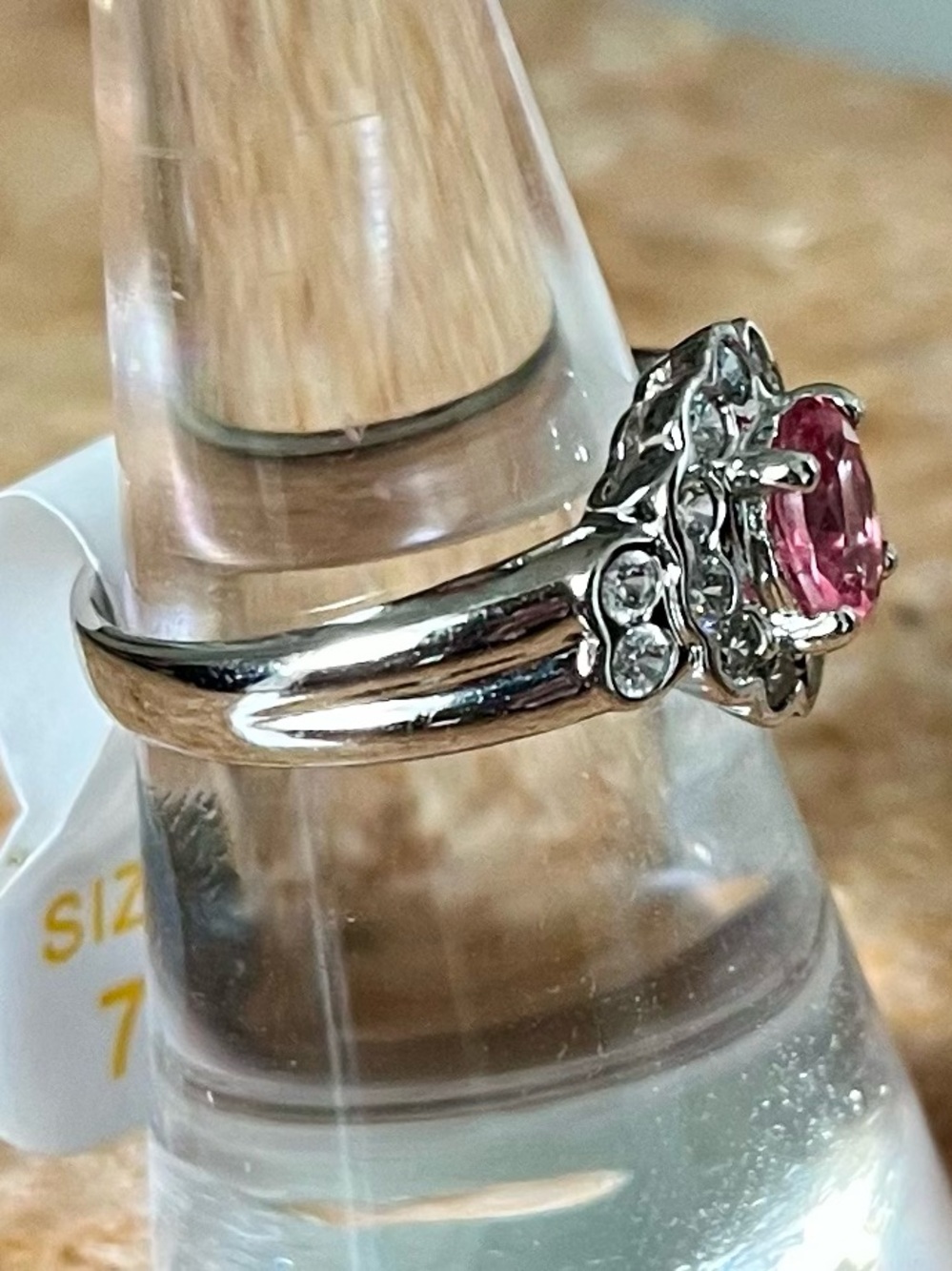 BP RETRO Pink Oval Halo Ring with White Topaz Accents on Rhodium - Picture 3 of 3